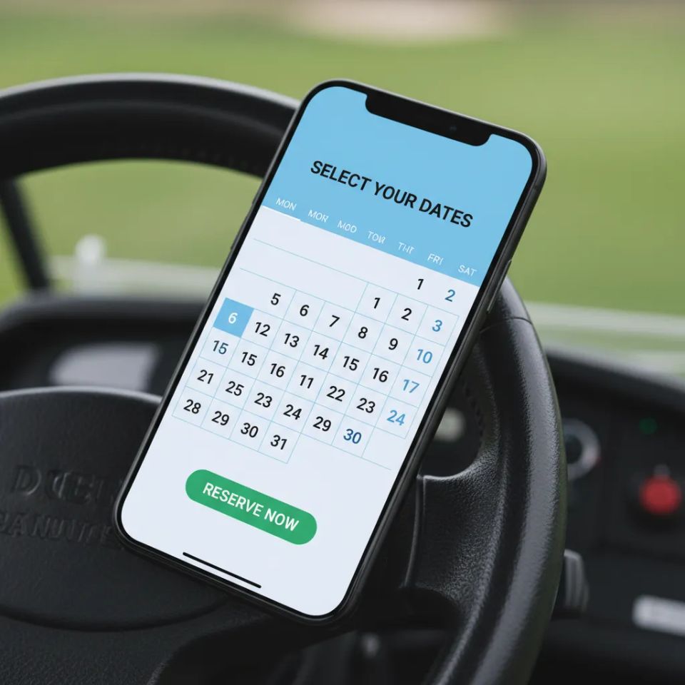 Smartphone mounted on a golf cart steering wheel displaying a simple, mobile-friendly booking calendar