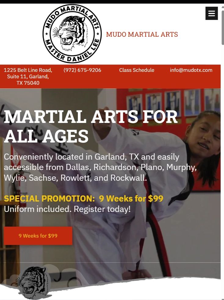 tablet view of a local taekwondo studio near Plano Texasnear Garland, Texas illustrating the responsive nature of websites designed by GloboWeb