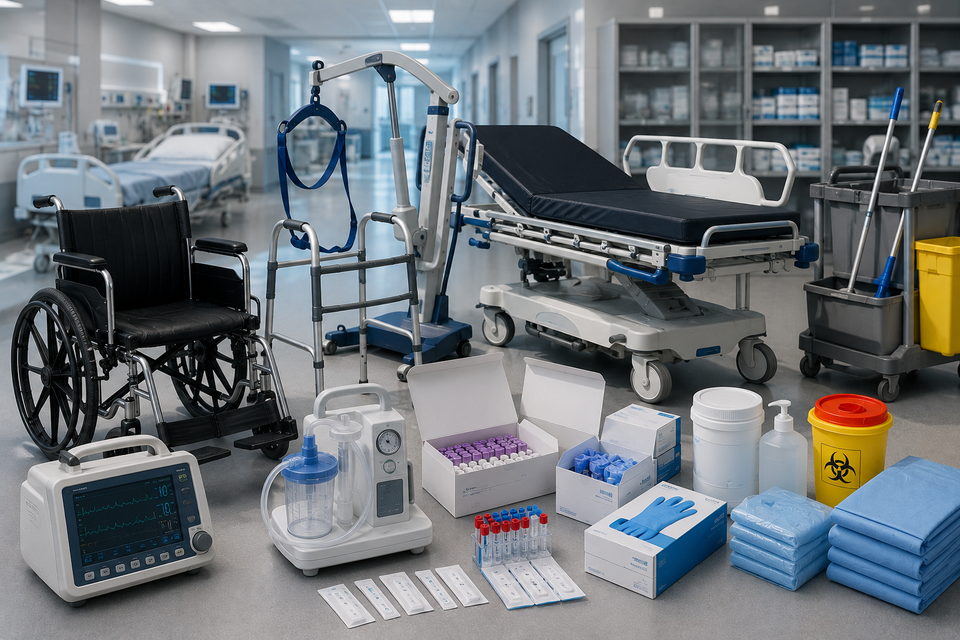 Durable medical equipment, diagnostic testing kits, hospital mobility systems, clinical supplies, and healthcare commodities for medical facilities and government agencies.
