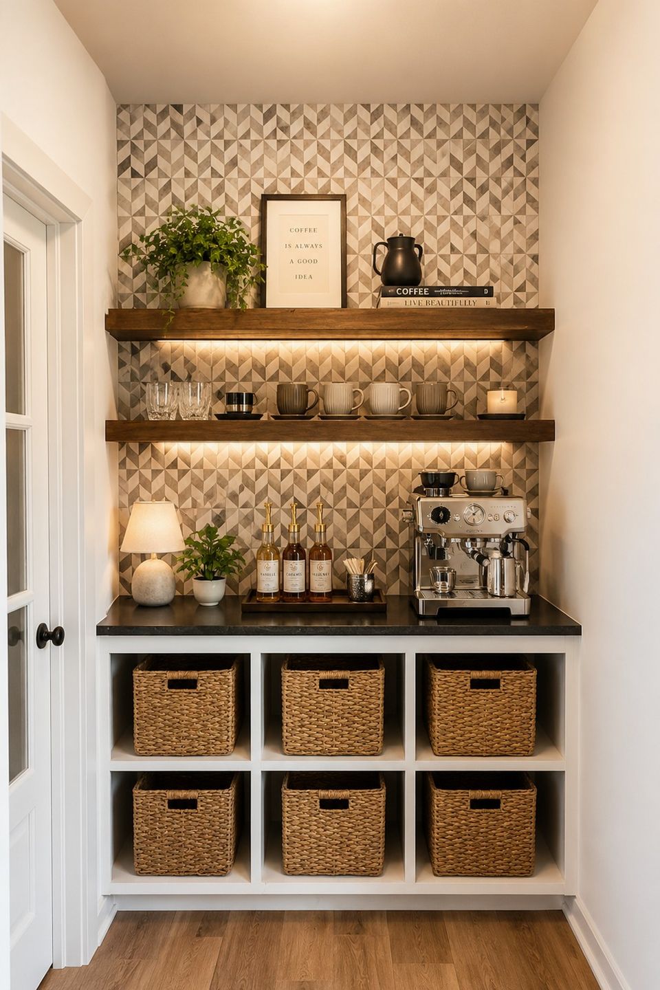 Custom coffee bar with built-in cabinetry and open shelving in a Hudson, Ohio home