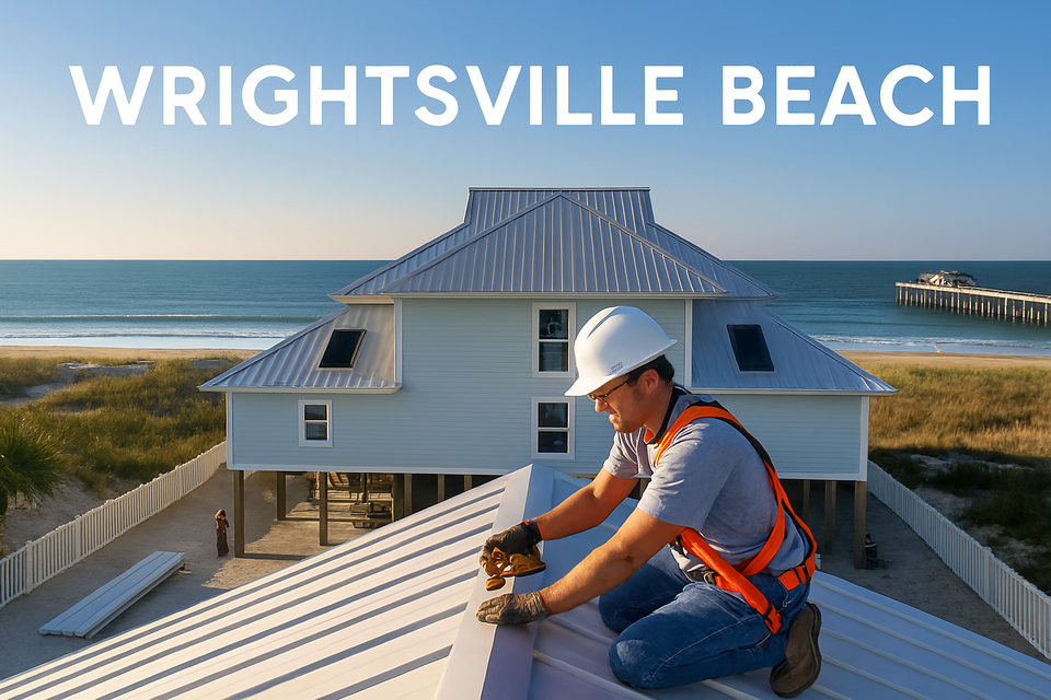 Nova Roofing worker installing metal roof on stilted coastal home in Wrightsville Beach NC with ocean and pier in background