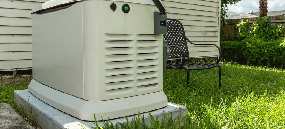 Residential propane backup generator in a backyard setting, ensuring uninterrupted power supply.
