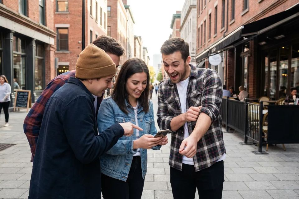  Group of friends on a city street looking at a smartphone and admiring a man's new forearm tattoo