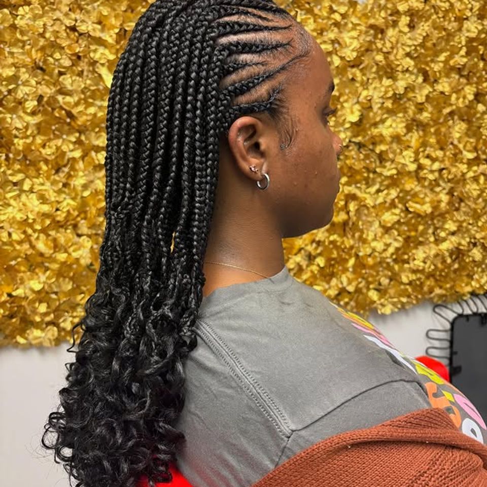 Fulani style cornrows into boho knotless braids with curly ends in Los Angeles CA