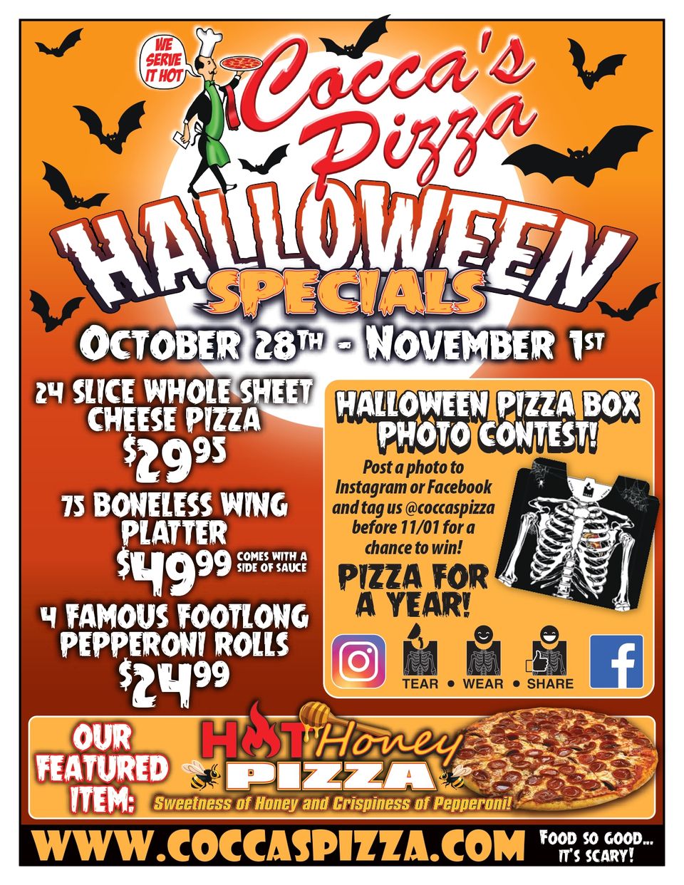 Cocca’s Pizza Halloween 2026 flyer featuring Halloween specials, a pizza box photo contest with a chance to win pizza for a year, and Hot Honey Pizza.