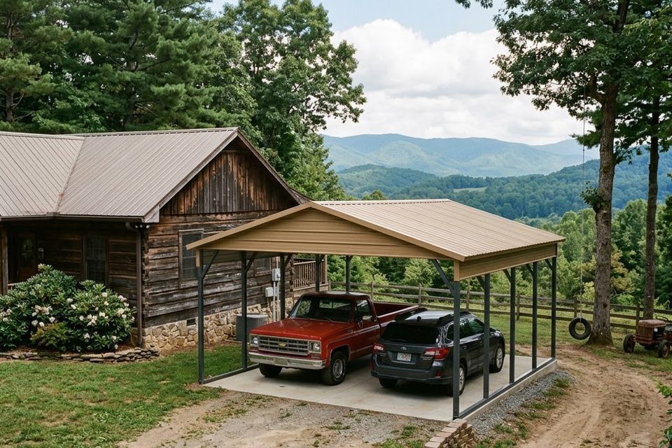 Two car metal carport sheltering a truck and SUV beside a mountain cabin in East Tennessee