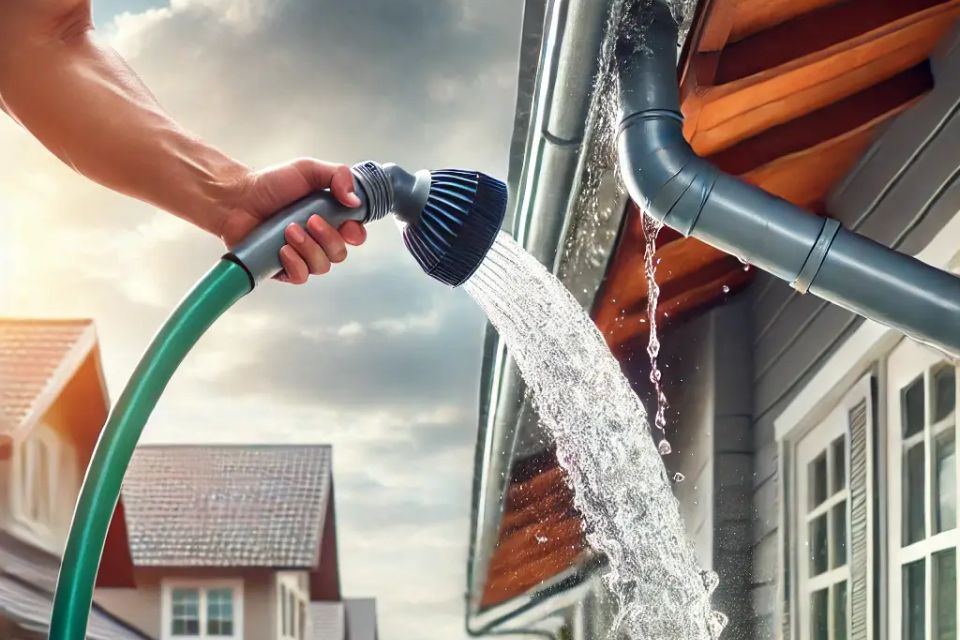 Pro using a garden hose to flush out a house gutter.