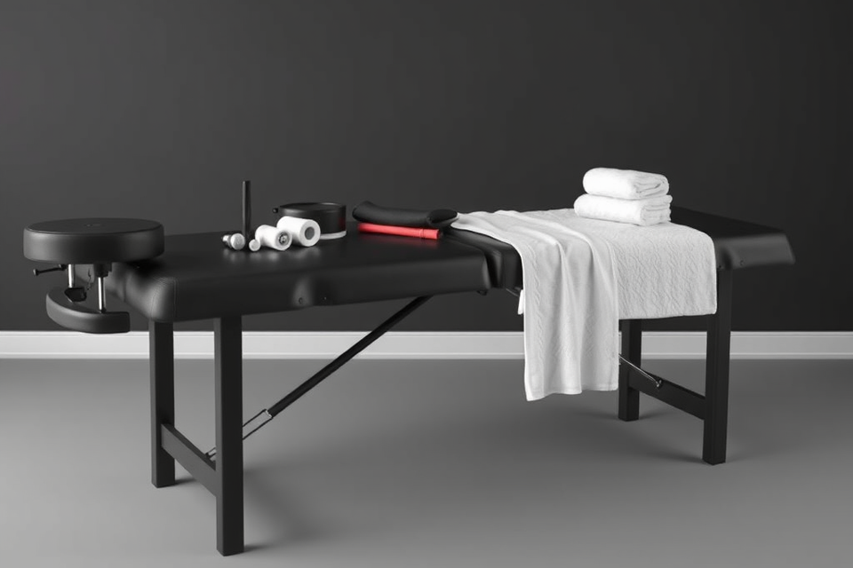 Black therapy table with athletic equipment recovery tools   towels