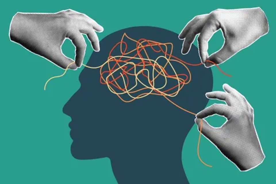 Illustration of hands untangling lines from a brain  symbolizing mental health care for anxiety  depression  and adhd.