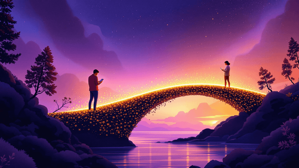 An abstract visualization of words transforming into a bridge between two people, one searching on a phone at night and one warmly lit practitioner, soft gold and violet gradient tones, conceptual illustration style