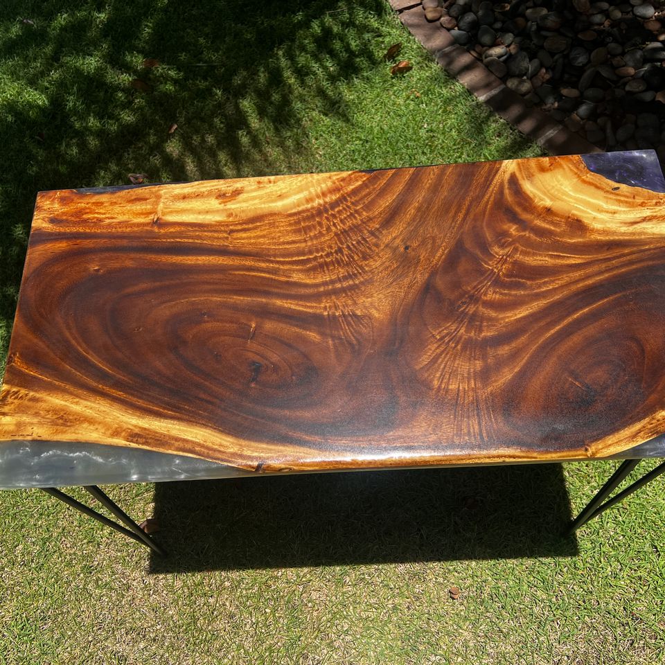 Monkeypod and purple resin coffee table