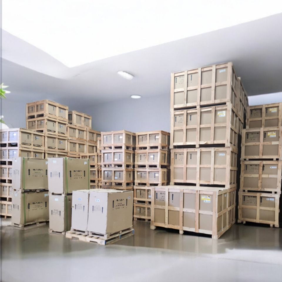 Warehouse with crates and pallets of new commercial restaurant equipment