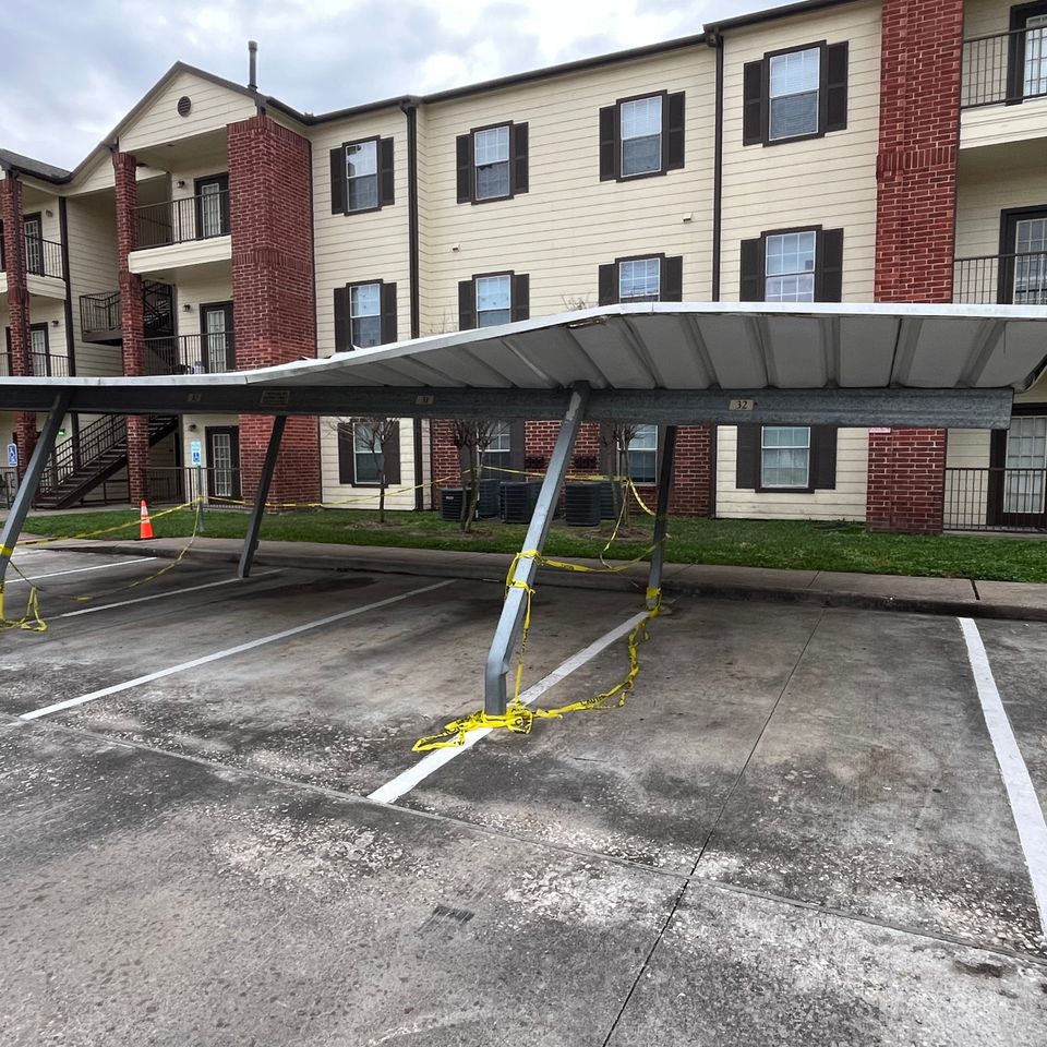Houston carport failure bent steel supports marquez welding