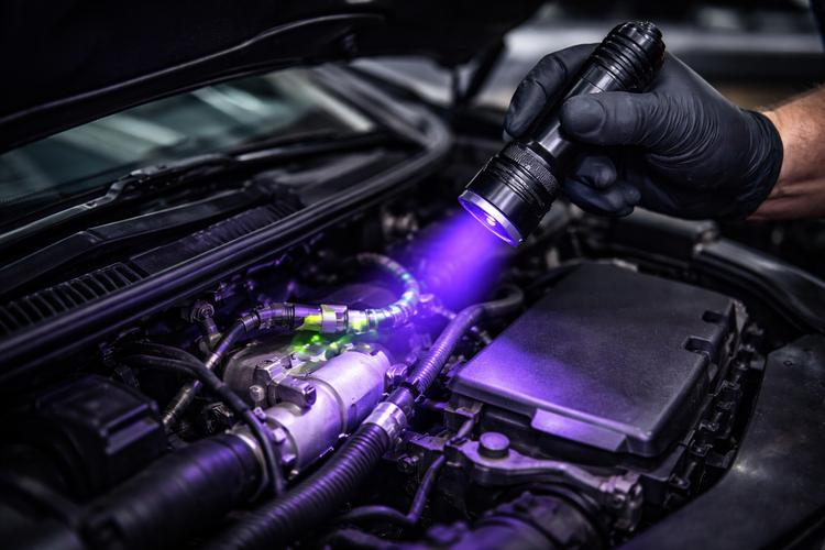 Technician performing vehicle climate control inspection in Missouri City TX