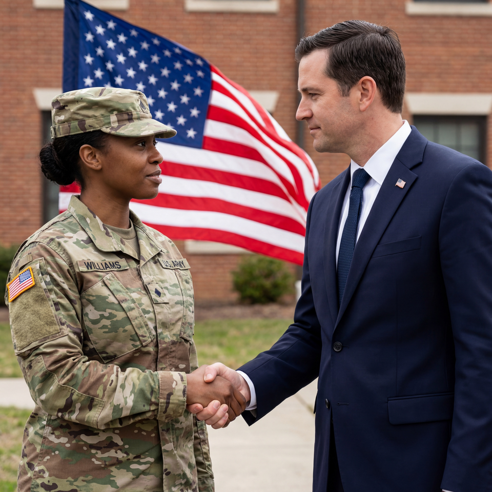 Create an image of a female united states military service member shaking hands  (3)