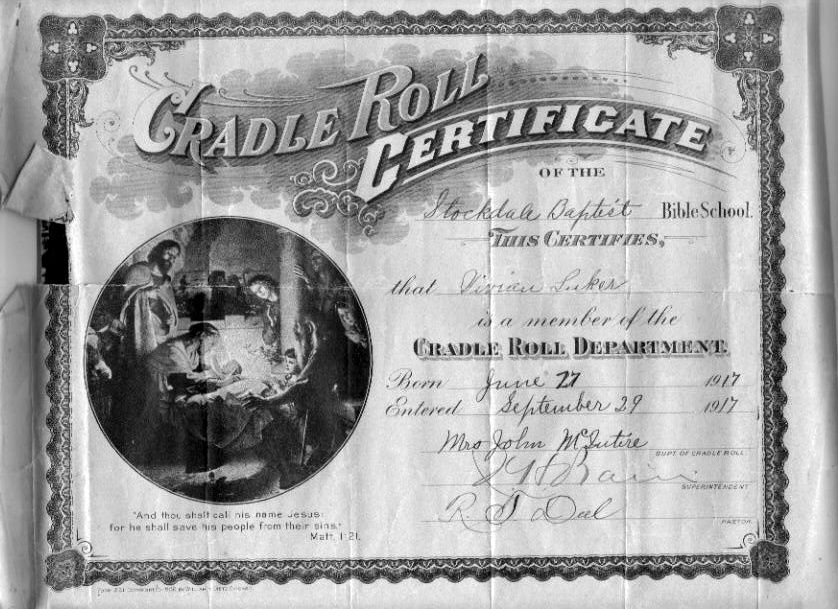 Vivian luker cradle roll certificate first baptist church
