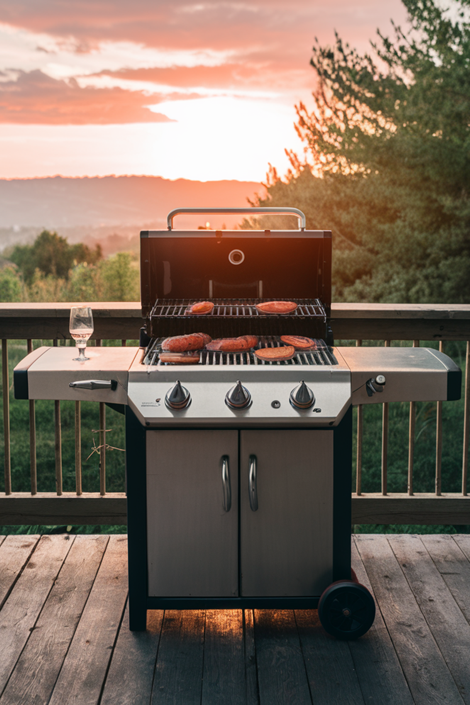 Propane grill on balcony with sunset view, cooking steaks and sausages, perfect for outdoor dining and entertaining