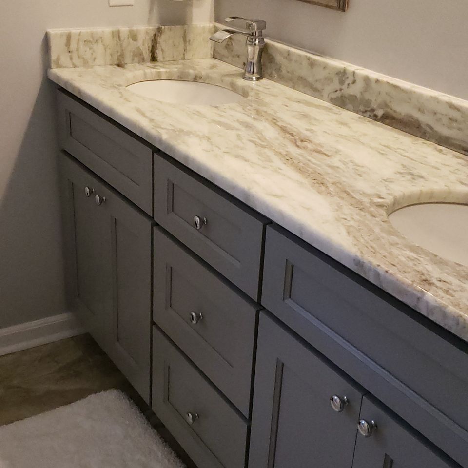 Bathroom double vanity and brown fantasy marble