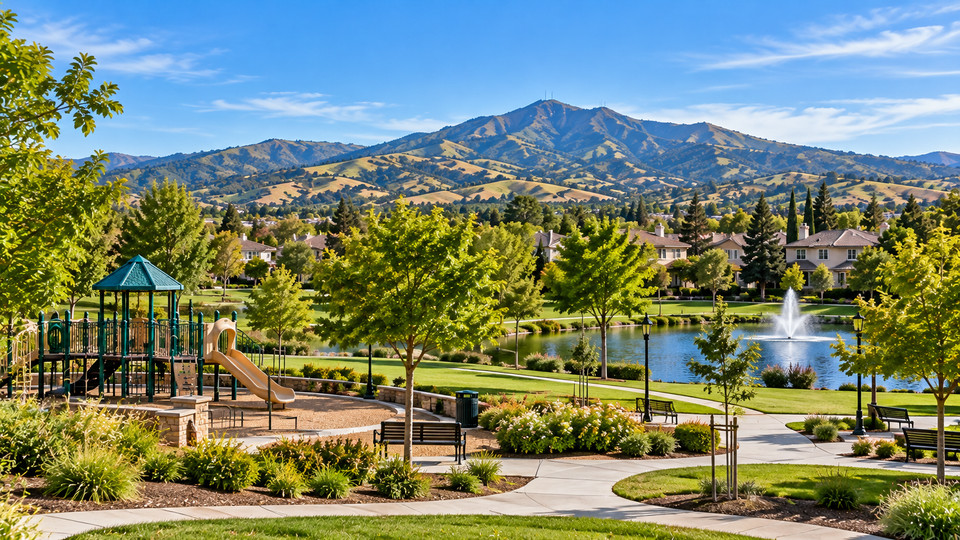 Serene suburban park with mountain views
