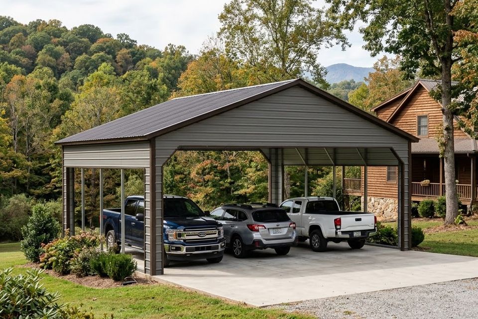 Triple wide carport sheltering three vehicles beside a log home in East Tennessee