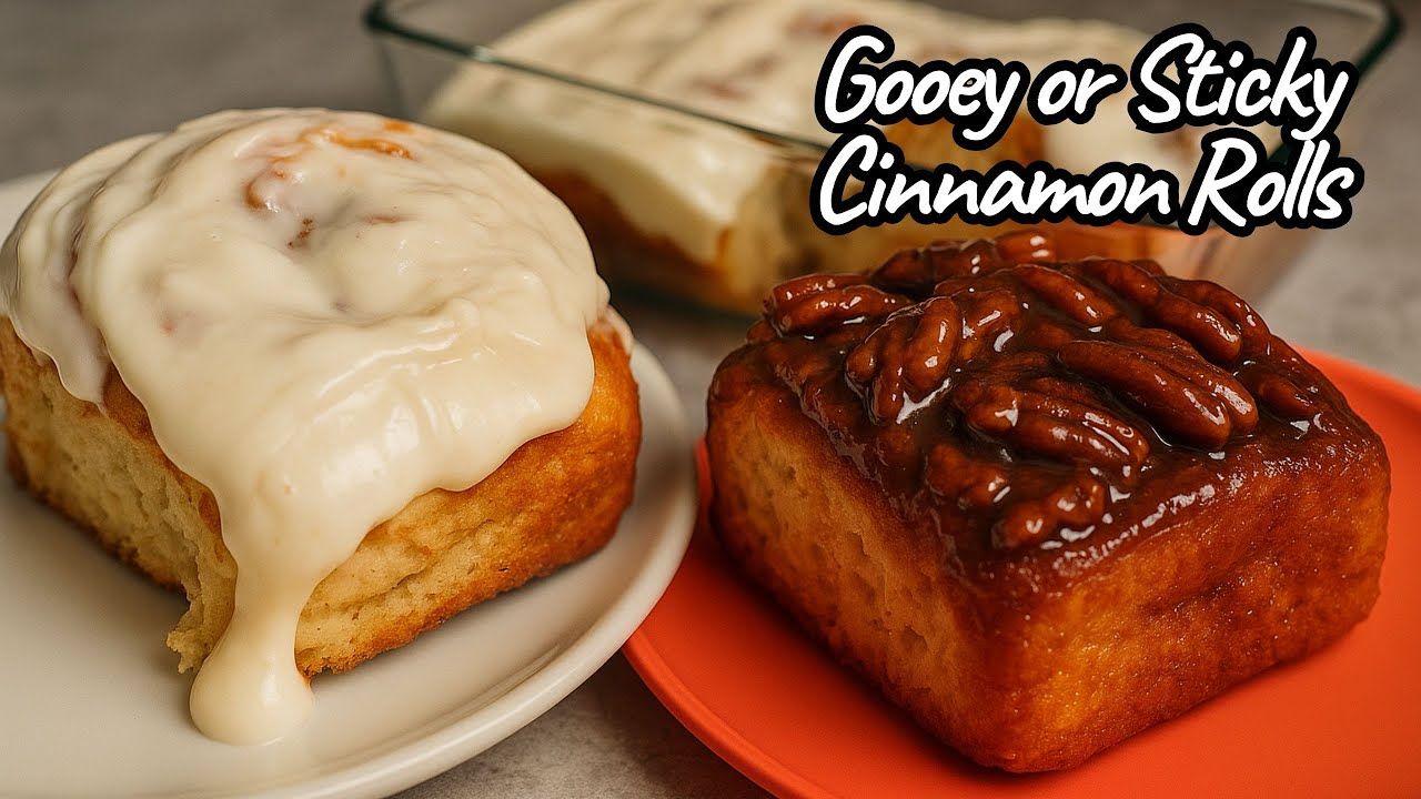 Gooey homemade cinnamon rolls with sticky pecan topping and creamy icing.
