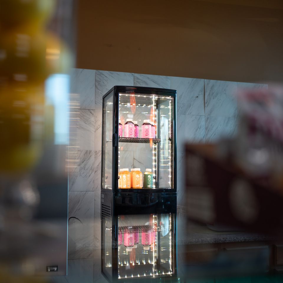 A small refrigerator behind the smoothie bar at Maximus Gym in Riverhead