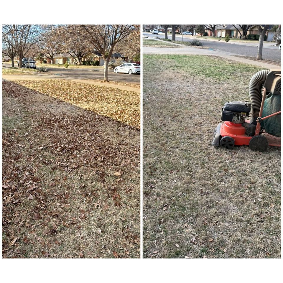 Before and after: a Lubbock front lawn cleared of fall leaves