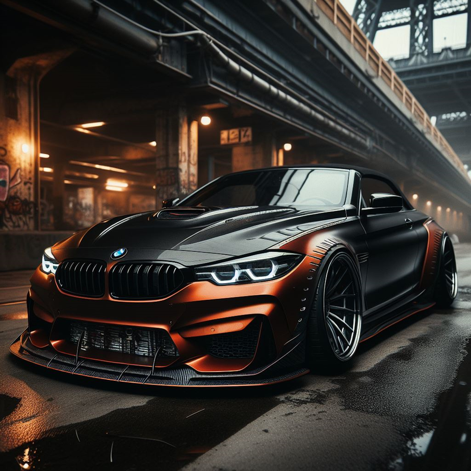 Image of BMW in Copper and Black Trim with Custom Wheels Driver Side Front Quarter View, Wheels Straight Car is Not Moving and sitting on the street of a big city 