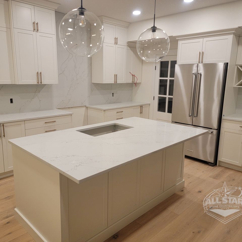 Stone white island countertop installed in Houston Texas area