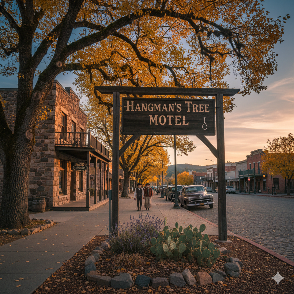 Historic Hangman's Tree landmark sign in downtown Placerville, CA, surrounded by drought-tolerant landscaping with purple lavender and prickly pear cactus under a mature heritage oak tree at sunset