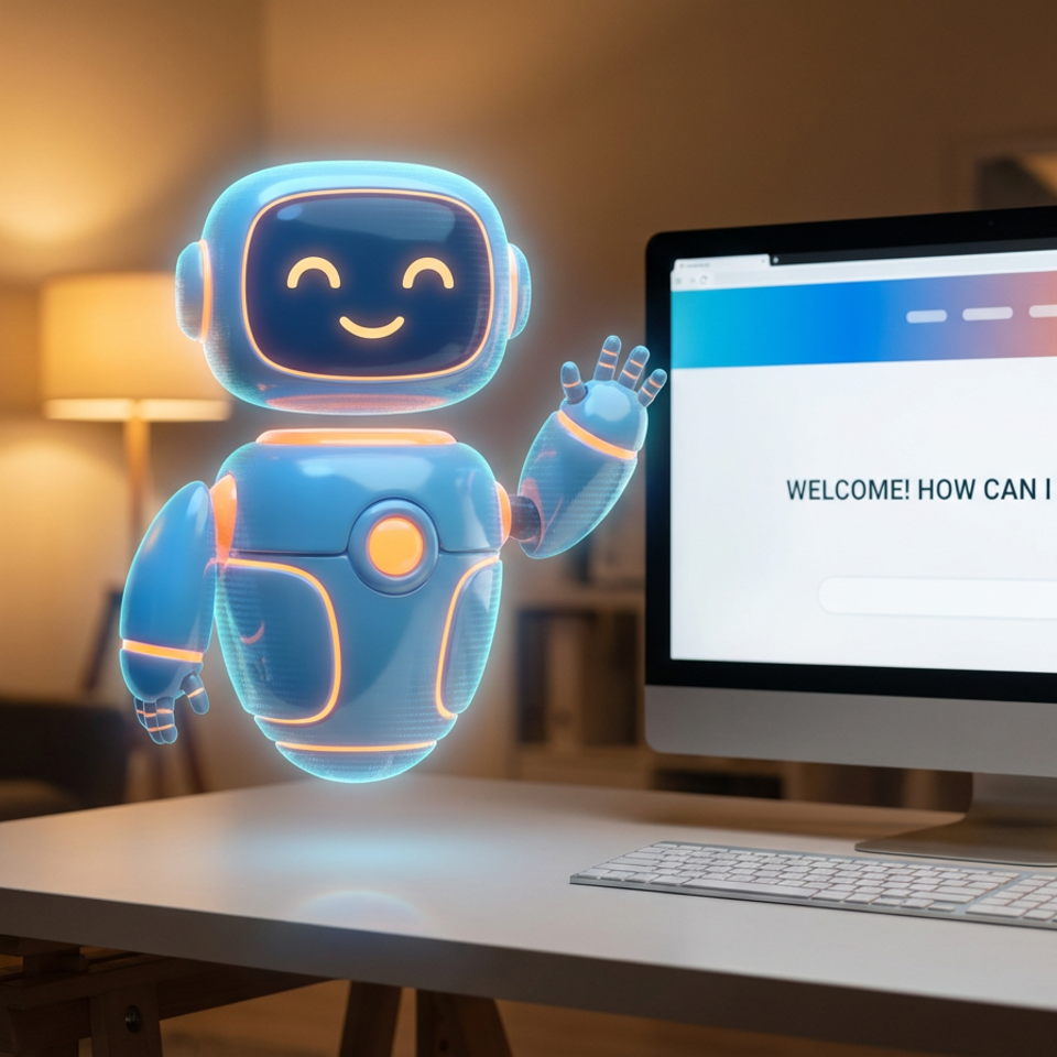 Firefly gemini flash make an image of a friendly ai assistant for my website. make sure that blue and oran 455937