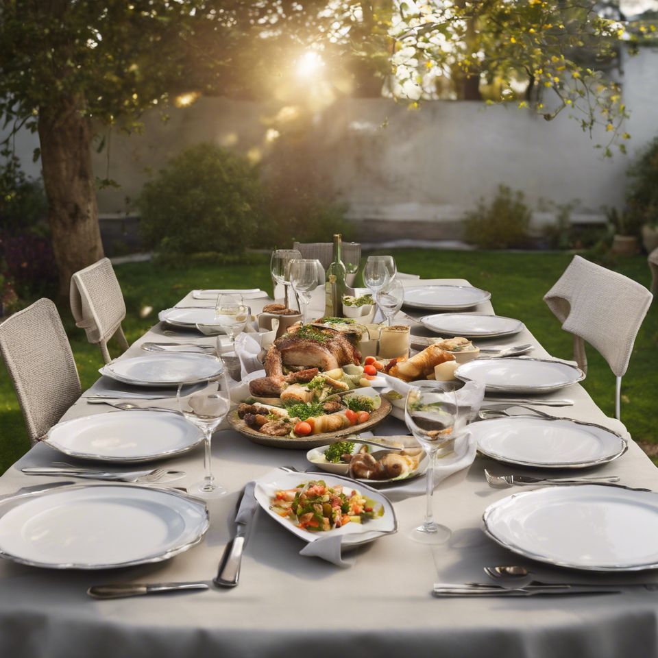 Table overview of a multicourse meal outside elegant 