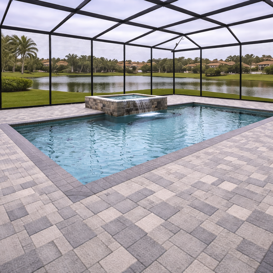 paver pool deck with screen enclosure GOGREEN Outdoor Pros