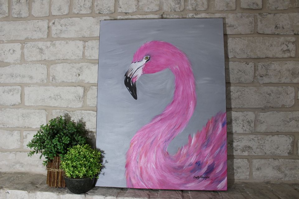 pink flamingo grey sky acrylic painting artwork by artist Emily Albright