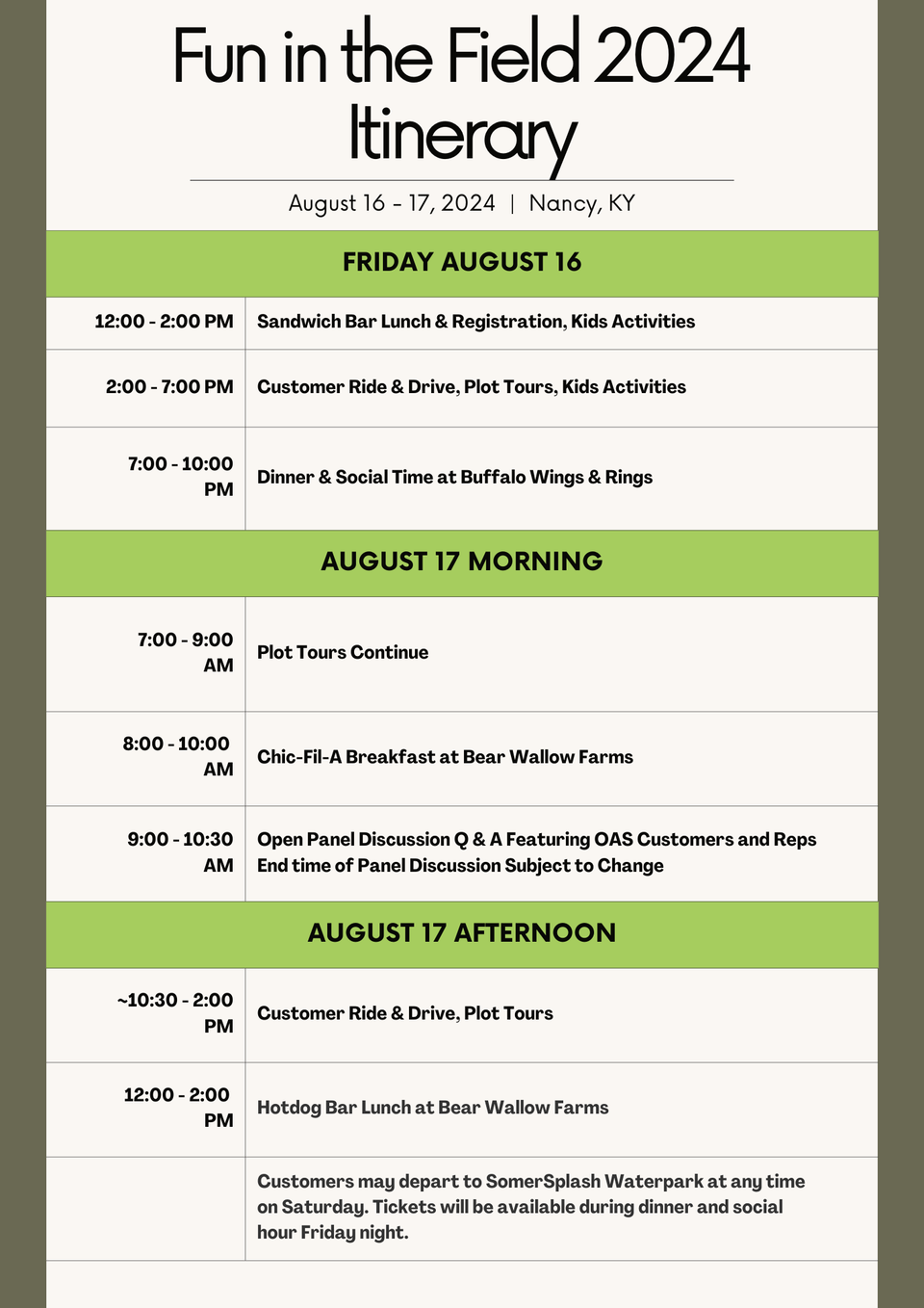 Fun in the field 2024 itinerary