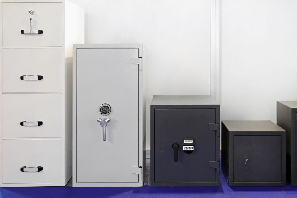 Several safes of different sizes arranged side by side, providing secure storage for valuables.