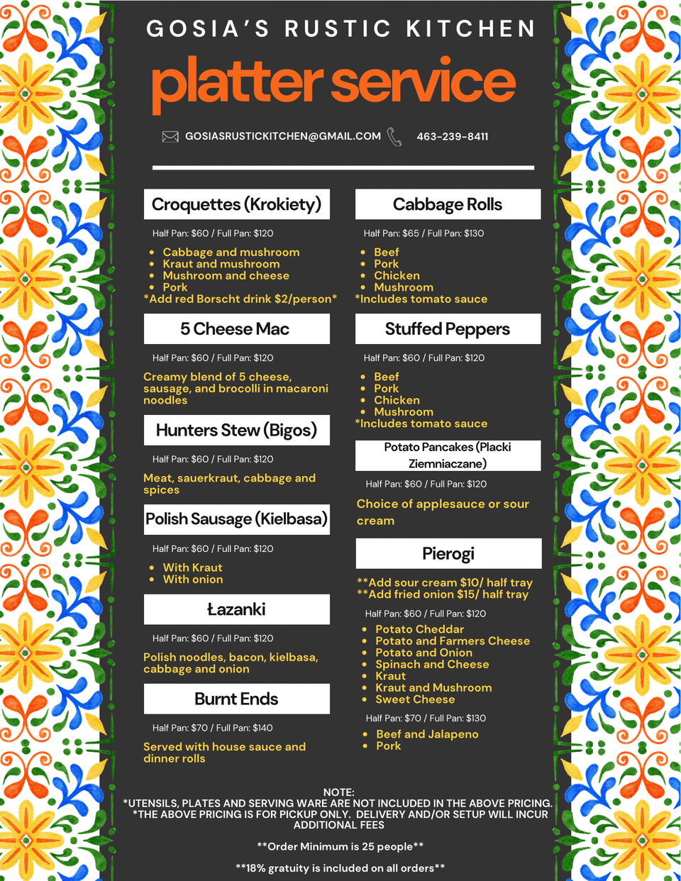 Platter Service menu from Gosia's Rustic Kitchen in Sheridan, IN