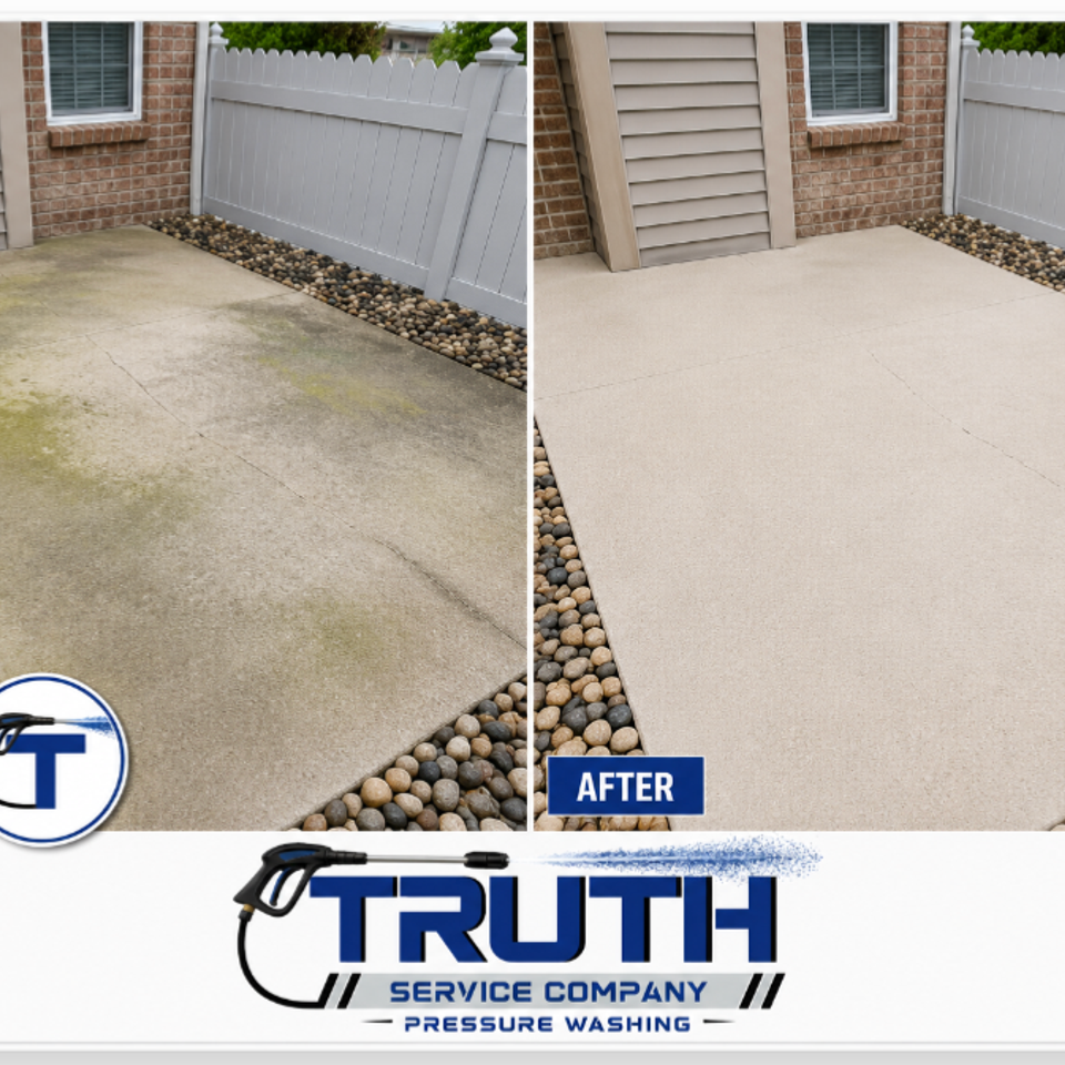 Before and after photos of a concrete patio showing a cleaner surface after pressure washing.