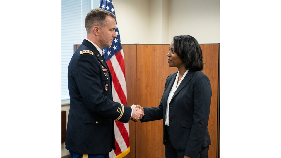 Male military shaking hands with female professional