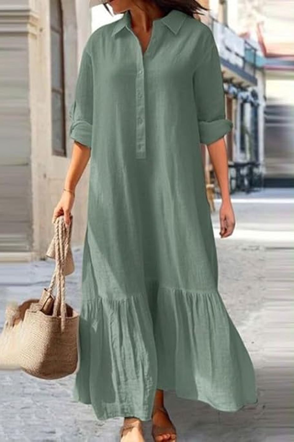 Women's cotton linen maxi dress casual button down shirt dress loose tiered ruffle hem dresses 2