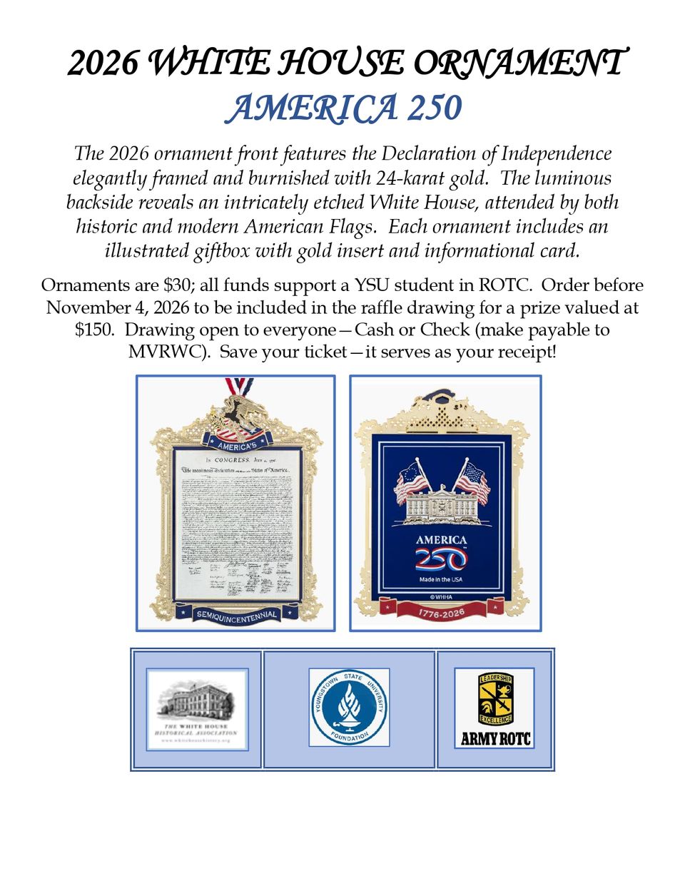 2026 White House ornament featuring the Declaration of Independence and White House designs for America 250.