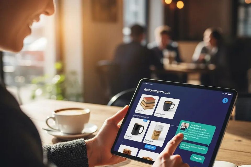 User engaging with a smart website on a mobile device in a cafe setting 70327722 ef02 4619 ad23 651b96eff51d