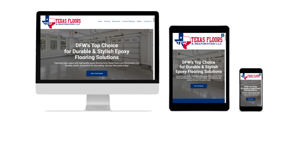 A large monitor, a tablet, and a smartphone each displaying the homepage of an affordable responsive website for a local epoxy flooring small business in Mesquite, Texas designed by GloboWeb Website Design & Digital Agency