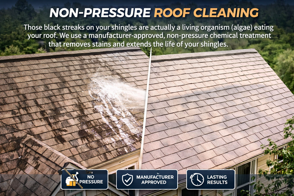 Non-pressure roof cleaning treatment removing black algae streaks from asphalt shingles to extend roof life