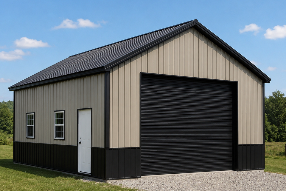 Tan and black metal garage with roll up door and gable metal roof in East Tennessee
