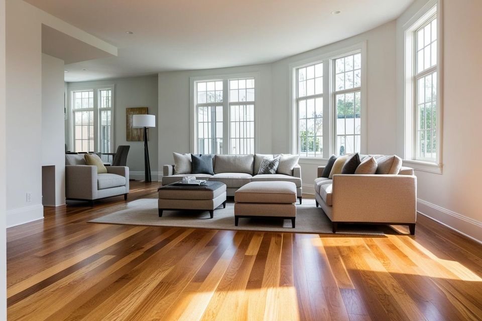 Modern living room featuring a seamless oak hardwood floor installation paired with stylish grey sectional seating by Concord Carpet And Hardwood.