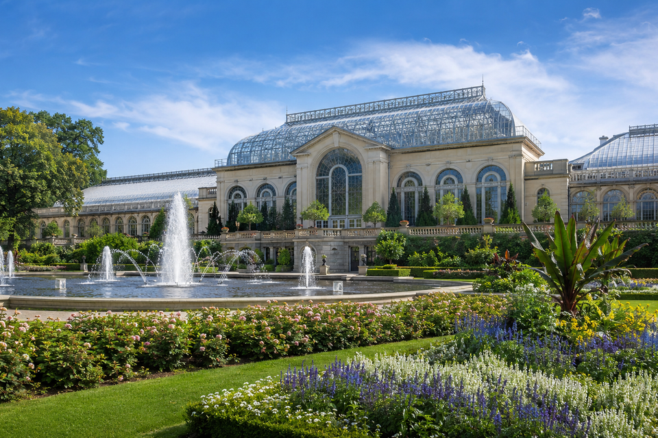 Conservatory and fountain gardens at Longwood Gardens, near Kennett Square.