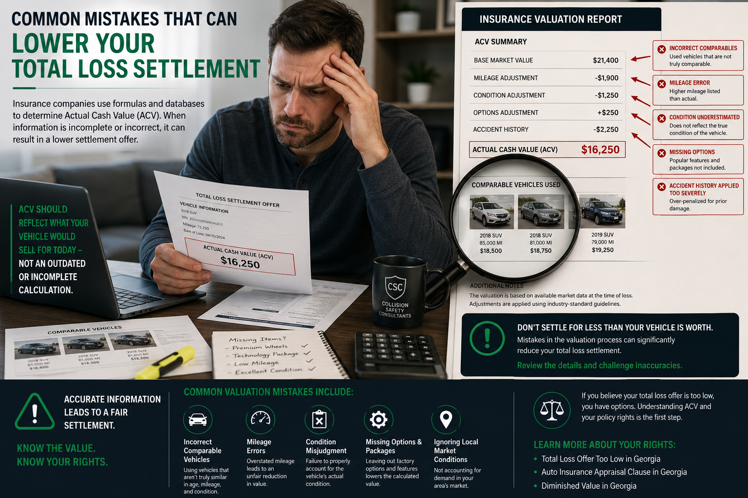 Vehicle owner reviewing an insurance valuation report with ACV mistakes that lower a total loss settlement