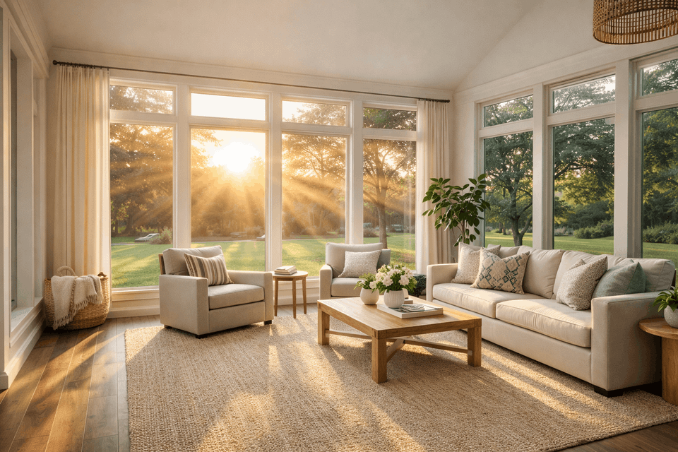 Sunroom with west-facing windows protected by residential solar window film in Sugar Land, TX.