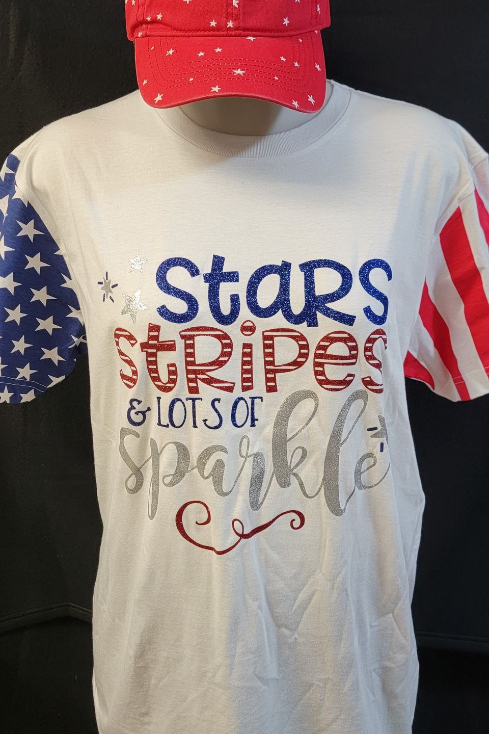Heat Transfer Vinyl with patriotic stars and stripes on shirt and cap
